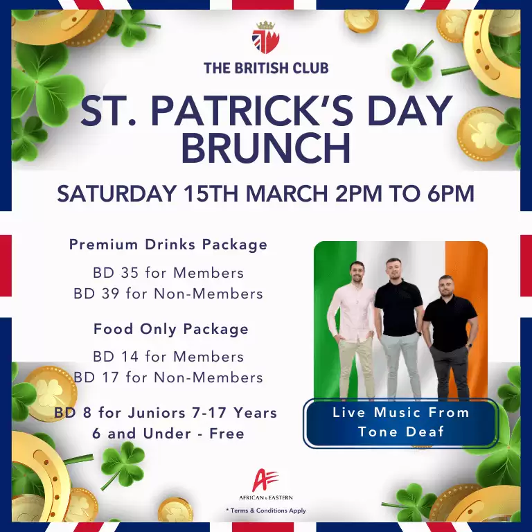 St Patrick’s Day Brunch at The British Club – Saturday 15th March
