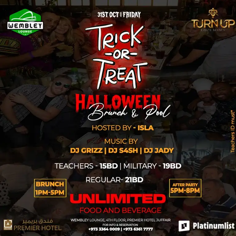 حفلة فطور وغداء الهالووين وحفلة بجانب المسبح في ويمبلي لاونج، البحرين