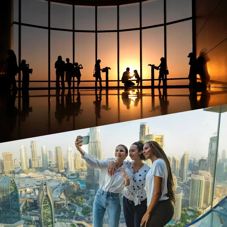 एट द टॉप बुर्ज खलीफा (स्तर 124 और 125) + स्काई व्यूज़ दुबई