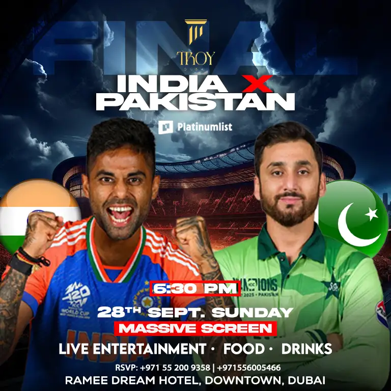 India vs. Pakistan Live Screening Sunday Cricket Match at Troy in Dubai