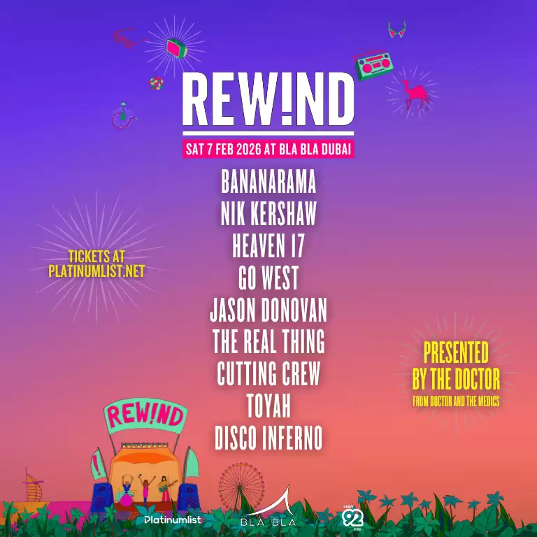 مهرجان REW!ND DXB 2026 – تجربة الثمانينات والتسعينات المطلقة تعود إلى بلا بلا!