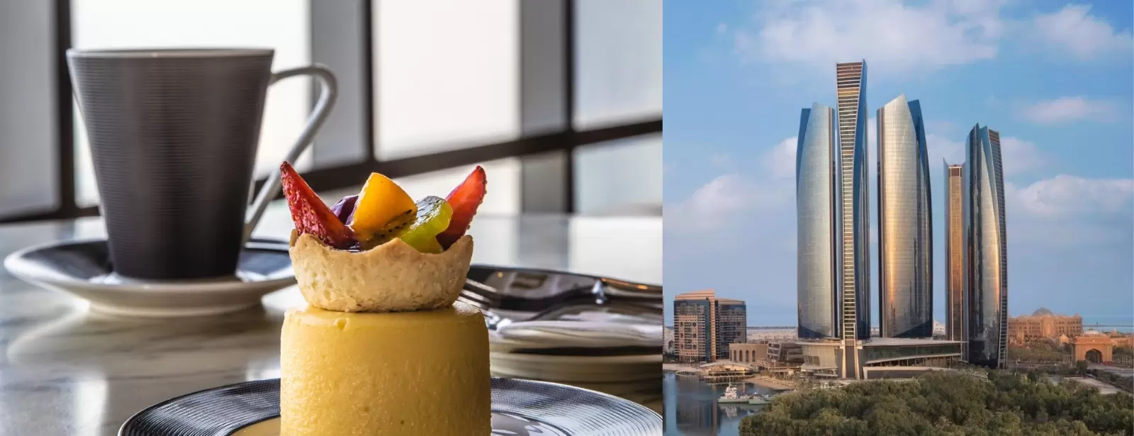 Etihad Tower Observation Deck with coffee or tea and slice of cake
