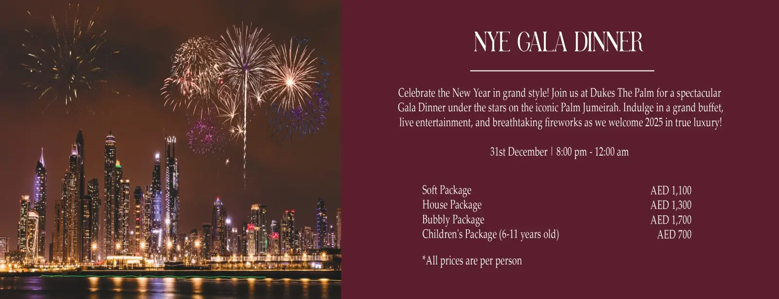 NYE Gala Dinner at Dukes The Palm in Dubai