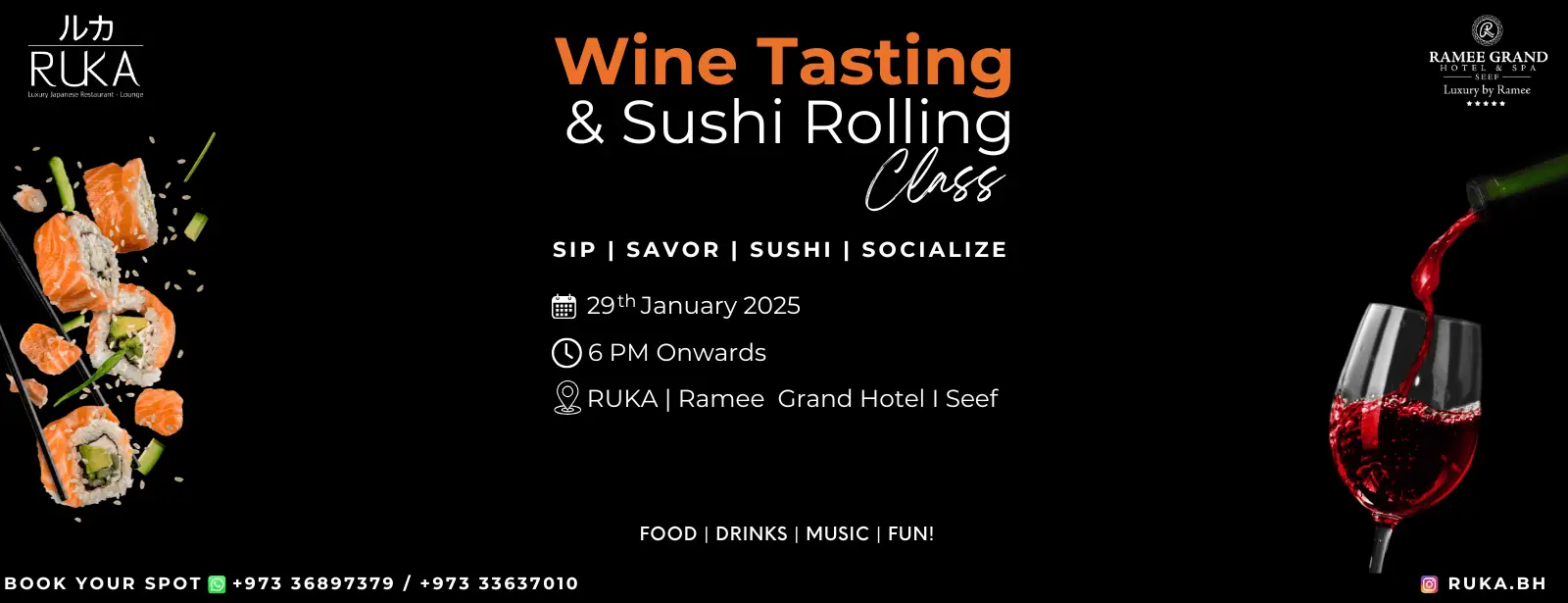 Wine Tasting & Sushi Rolling Class at Ruka