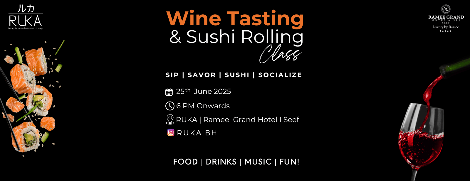 Sushi Rolling Class & Wine Tasting at Ruka - Ramee Grand Hotel